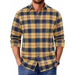 Navy Yellow Men Flannel  Long Sleeve Plaid  Button Up Shirt Jacket